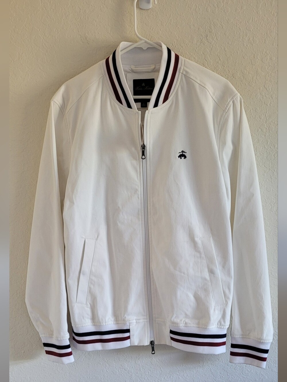 Brooks Brothers White Tennis Bomber Jacket with Navy and Burgundy Trim. Sz.Large